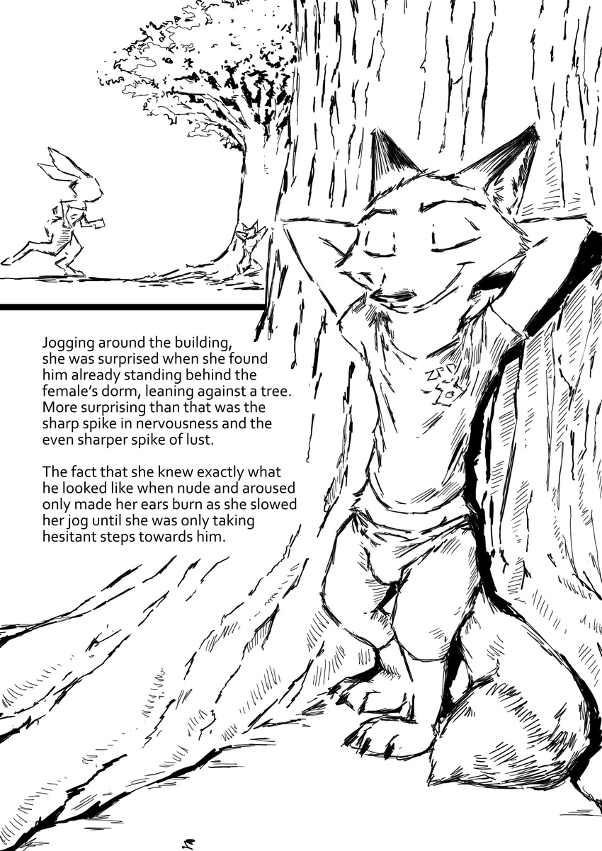 2017 anthro bulge canine clothed clothing comic disney duo english_text eyes_closed female fox greyscale hands_behind_head judy_hopps lagomorph leaning male mammal monochrome nick_wilde outside rabbit simple_background smile text thewyvernsweaver tree white_background zootopia