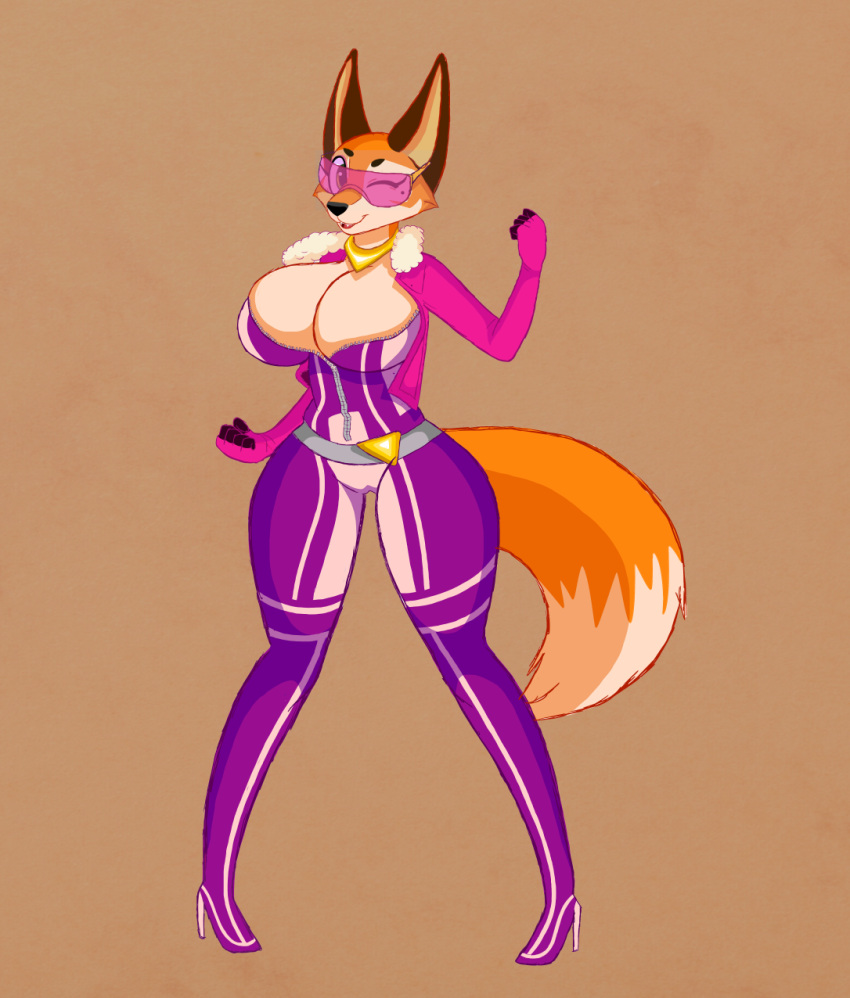 anthro belt big_breasts bodysuit breasts canid canine clothing cocaine-leopard eyewear female fox glasses happy jewelry long_legs mammal meika_(rimba_racer) necklace one_eye_closed pigeon_toed rimba_racer skinsuit smile solo tight_clothing unzipped wink zipper