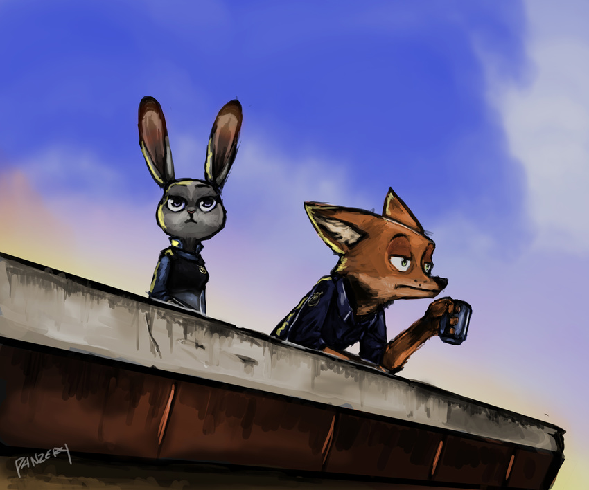 2016 anthro bulletproof_vest canine clothed clothing cloud cup disney duo ear_tuft female fox holding_object judy_hopps lagomorph male mammal nick_wilde outside panzery25 police_uniform rabbit roof signature sky tuft uniform zootopia