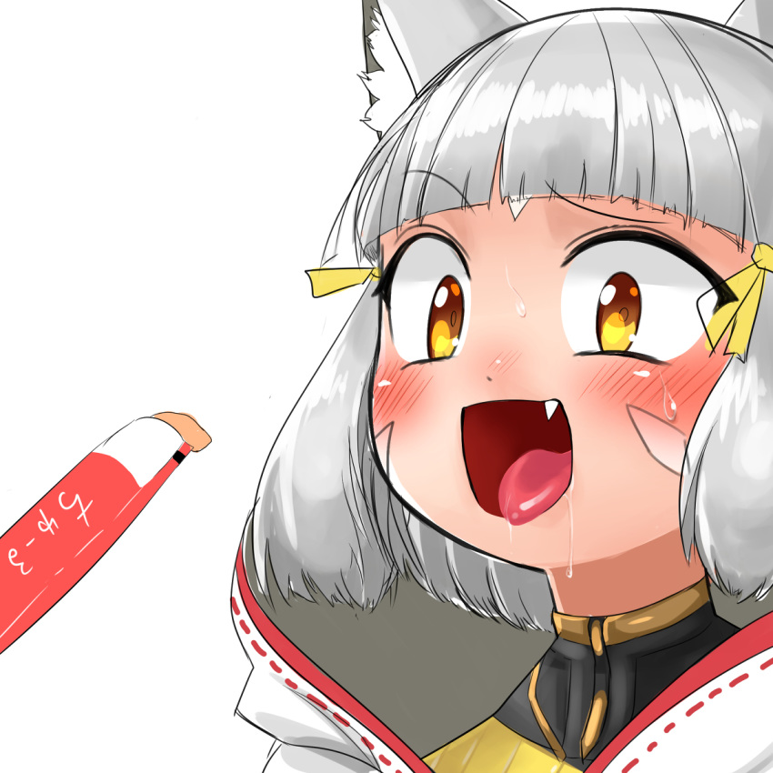 1girl animal_ear_fluff animal_ears bangs blunt_bangs blush bodysuit cat_ears drooling excited fangs grey_hair hair_ornament nintendo niyah open_mouth penis-shaped_object ribbon saliva scarf short_hair silver_hair solo tongue tongue_out white_background xenoblade_(series) xenoblade_2 yellow_eyes yellow_ribbon