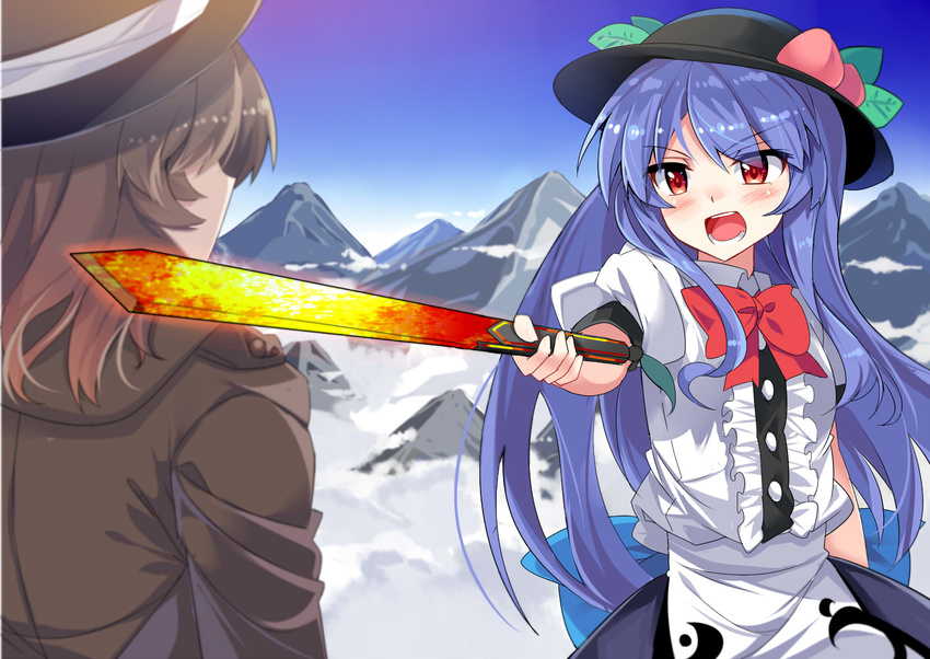 above_clouds black_hat blue_hair blush bow coat commentary_request day e.o. eyebrows_visible_through_hair facing_another food from_behind fruit hat hinanawi_tenshi holding holding_sword holding_weapon long_hair looking_at_another mountain multiple_girls open_mouth outdoors peach puffy_short_sleeves puffy_sleeves red_bow red_eyes red_ribbon ribbon short_sleeves sword sword_of_hisou teeth threat touhou usami_renko weapon white_ribbon