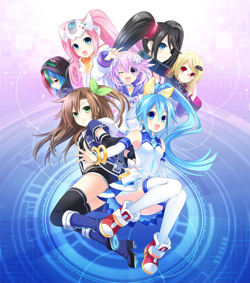 absurdres adjusting_eyewear bare_shoulders black_hair blonde_hair blue_eyes blue_hair blush book boots brown_hair choujigen_taisen_neptune_vs_sega_hard_girls detached_sleeves glasses green_eyes green_hair hair_between_eyes hair_ornament heterochromia highres if_(choujigen_game_neptune) long_hair looking_at_viewer multicolored_hair multiple_girls neptune_(choujigen_game_neptune) neptune_(series) official_art one_eye_closed one_side_up open_mouth pink_hair ponytail purple_eyes purple_hair red_eyes sega_dreamcast_(sega_hard_girls) sega_game_gear_(sega_hard_girls) sega_hard_girls sega_hatsumi sega_mega_drive_(sega_hard_girls) sega_saturn_(sega_hard_girls) skirt smile thighhighs thighs tied_hair tsunako twintails very_long_hair zettai_ryouiki