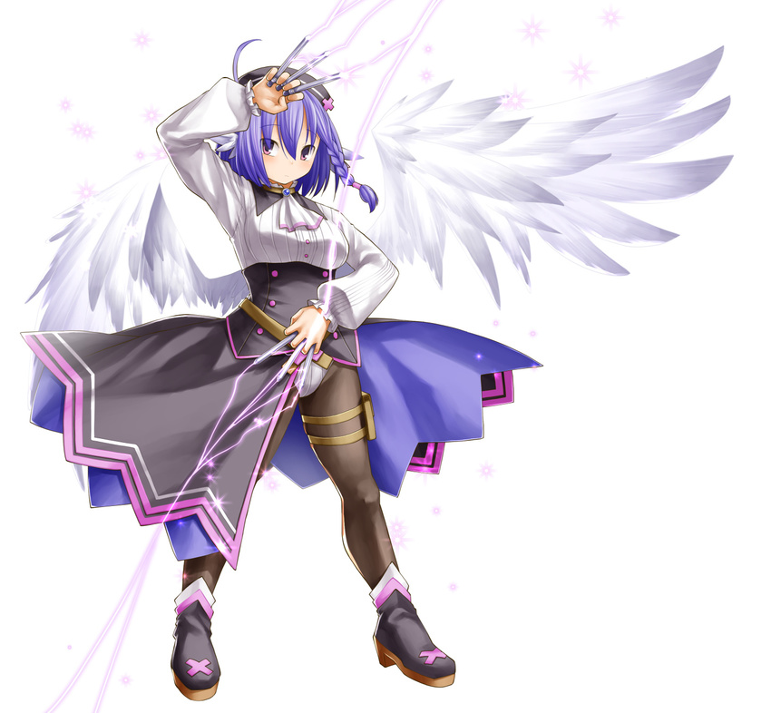 ahoge animal_ears ankle_boots beret between_fingers blue_hair blush boots braid breasts character_request cravat dress_shirt electricity emil_chronicle_online feathered_wings full_body gem hat highres kasuga_yukihito low_wings medium_breasts panties pantyhose pantyshot pose purple_eyes shirt showgirl_skirt single_braid solo thigh_pouch underbust underwear weapon white_panties white_wings wings