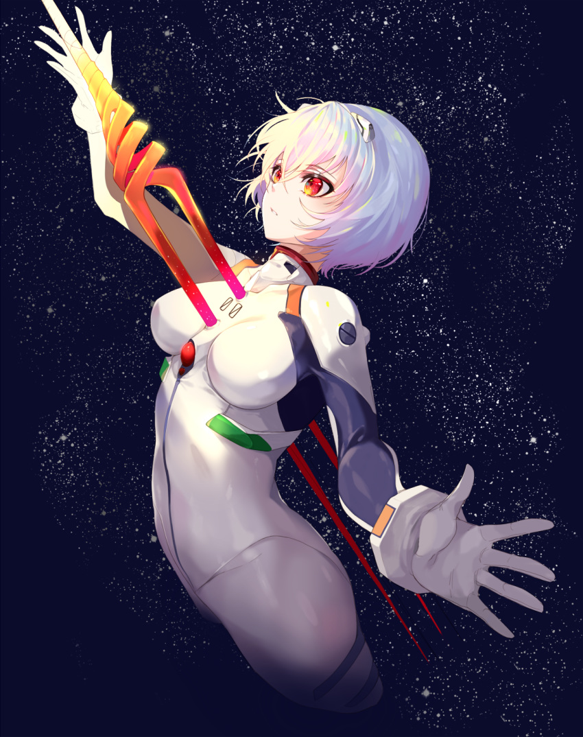 1girl ayanami_rei bangs bodysuit breasts collarbone eyebrows_visible_through_hair headgear highres huyou_(awegk) impaled lance_of_longinus medium_breasts neon_genesis_evangelion plugsuit red_eyes short_hair sky star_(sky) starry_sky white_bodysuit white_hair