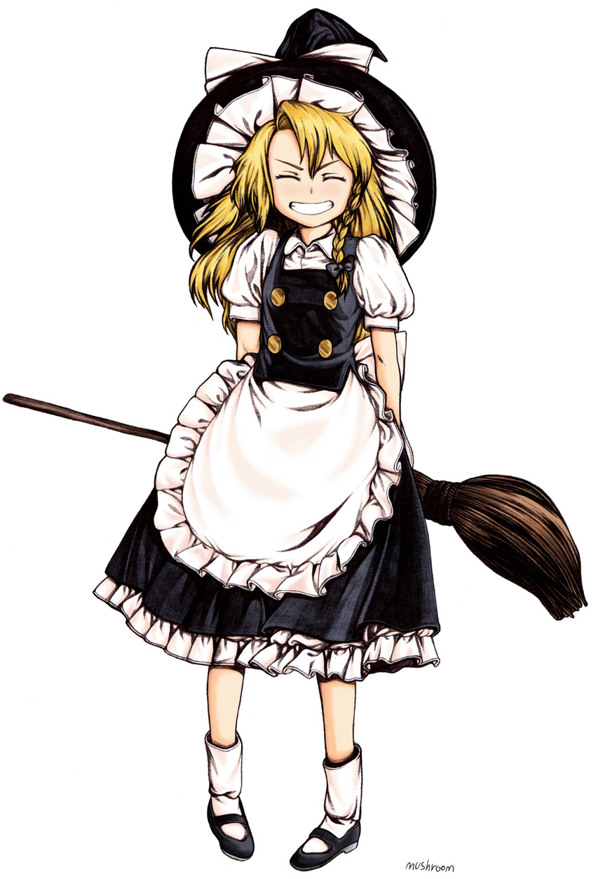 :d ^_^ ^o^ absurdres black_bow black_hat blonde_hair bow braid broom closed_eyes facing_viewer grin hair_between_eyes hair_bow hat highres holding holding_broom kirisame_marisa long_hair mushroom_(osh320) open_mouth puffy_short_sleeves puffy_sleeves short_sleeves smile solo touhou v-shaped_eyebrows white_bow white_legwear witch_hat