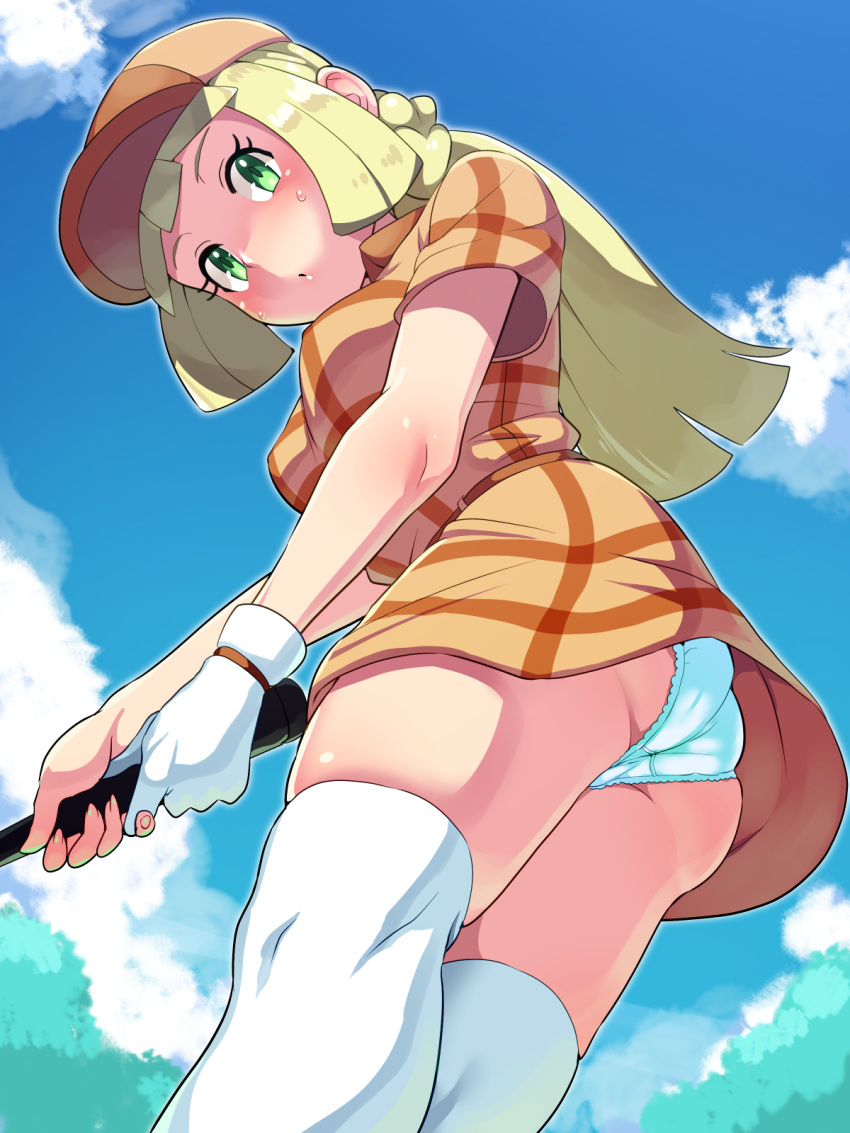 1girl alternate_outfit ass bangs blonde_hair blunt_bangs blush boris_(noborhys) braid breasts commentary_request creatures_(company) dress dutch_angle from_behind game_freak glove golf_club green_eyes hat highres legs_together lillie_(pokemon) long_hair looking_at_viewer looking_back medium_breasts nintendo open_mouth outdoors panties pokemon pokemon_(game) pokemon_sm shiny shiny_hair solo standing sweat thighhighs twin_braids underwear upskirt white_legwear white_panties
