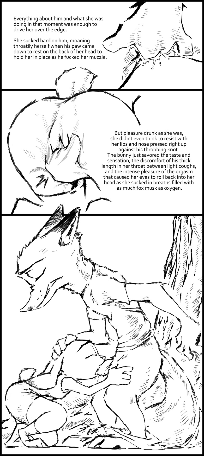 2017 animal_genitalia animal_penis anthro canine canine_penis clothed clothing comic crouching dialogue disney duo english_text eyes_closed fellatio female fingering fingering_self fox greyscale hand_in_pants hand_on_head judy_hopps lagomorph leaning male male/female mammal masturbation monochrome nick_wilde oral outside pants_down partially_clothed penis pussy pussy_juice rabbit sex simple_background text thewyvernsweaver tree white_background zootopia
