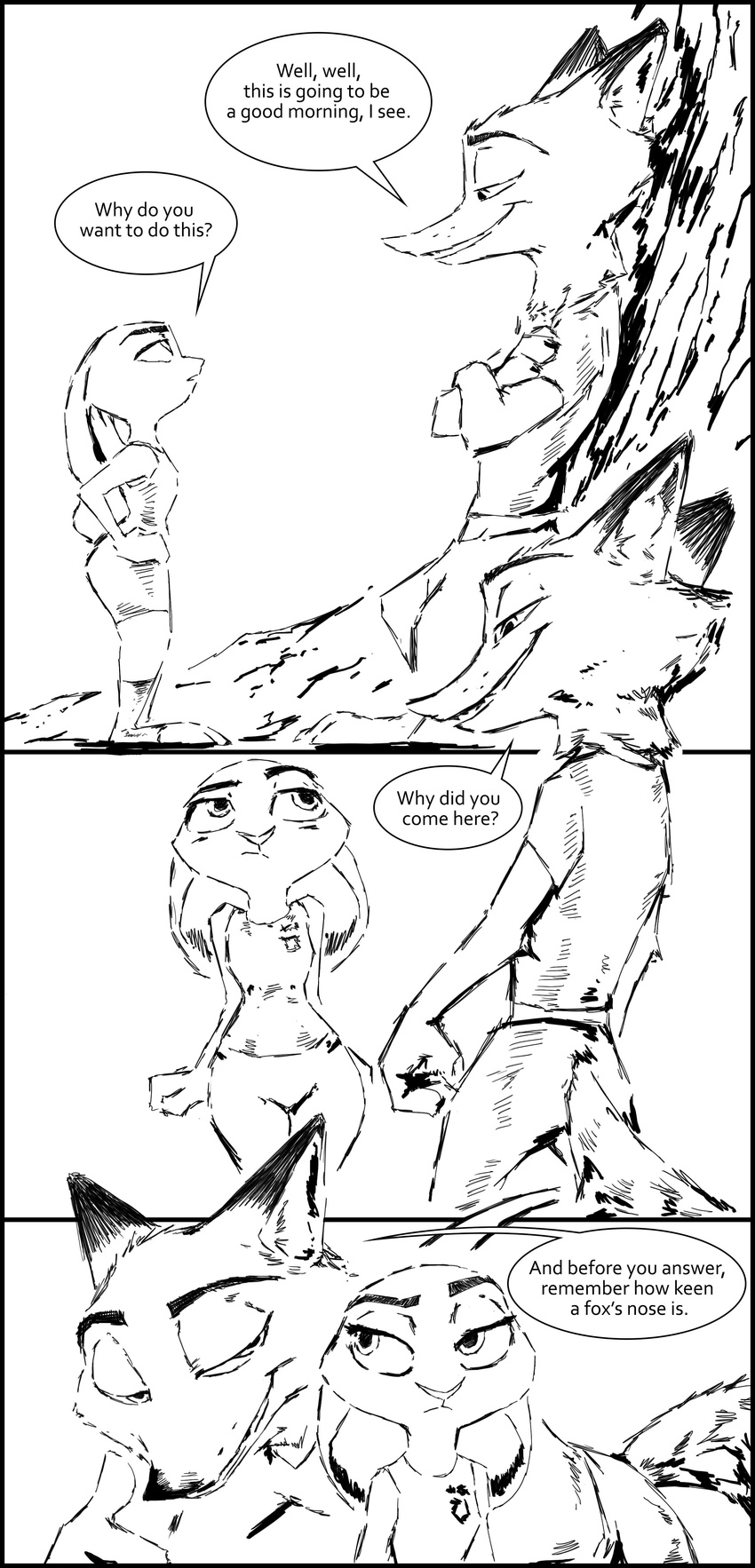 2017 anthro canine clothed clothing comic crossed_arms dialogue disney duo english_text female fox greyscale hands_on_hips judy_hopps lagomorph leaning male mammal monochrome nick_wilde outside rabbit simple_background smile text thewyvernsweaver tree white_background zootopia