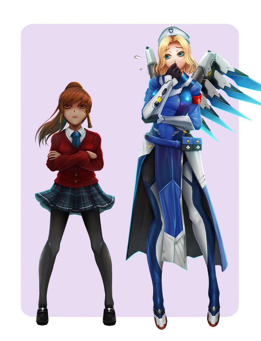 alternate_costume alternate_hairstyle armband bangs belt black_footwear blonde_hair blue_bodysuit blue_eyes blue_neckwear blue_wings bodysuit border breasts brown_eyes brown_hair cardigan child collared_shirt combat_medic_ziegler covering_mouth crossed_arms dark_skin eyebrows_visible_through_hair eyes_visible_through_hair flying_sweatdrops full_body gunbuster_pose hair_tubes hand_to_own_mouth highres legs_apart loafers long_hair long_sleeves looking_at_another looking_at_viewer mechanical_wings medium_breasts medium_hair mercy_(overwatch) multiple_girls necktie oldlim overwatch pantyhose pharah_(overwatch) plaid plaid_skirt ponytail pouch purple_background school_uniform serious shirt shoes short_hair side_braids sideways_glance simple_background skirt standing teenage top_wo_nerae! utility_belt white_border white_shirt wings younger