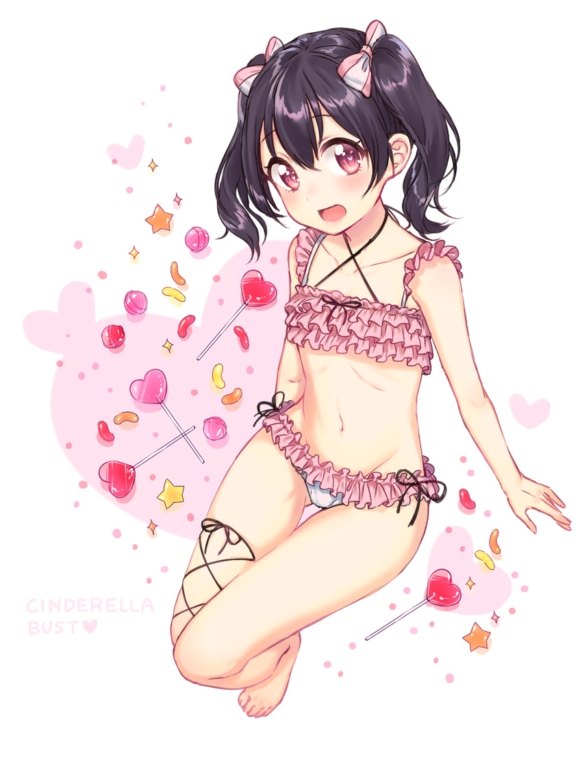 bare_shoulders barefoot black_hair black_ribbon blush bow bra cinderella_bust collarbone frilled_bra frilled_panties frills full_body groin hair_bow hair_ornament heart heart-shaped_pupils highres long_hair looking_at_viewer love_live! love_live!_school_idol_project navel open_mouth panties red_eyes ribbon simple_background solo symbol-shaped_pupils thigh_ribbon twintails umeno underwear underwear_only white_background white_panties yazawa_nico