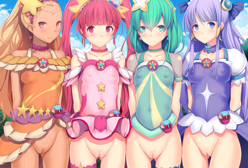 4girls amamiya_erena arms_behind_back bangs blonde_hair blue_sky blunt_bangs blush breasts censored choker closed_mouth cloud covered_nipples cure_milky cure_selene cure_soleil cure_star daiaru dark_skin day green_choker green_hair hagoromo_lala hair_ornament hoshina_hikaru kaguya_madoka long_hair looking_at_viewer magical_girl medium_breasts mosaic_censoring multiple_girls pink_choker pink_eyes pink_hair precure pubic_tattoo purple_choker purple_hair pussy pussy_juice short_hair sky smile star star_hair_ornament star_twinkle_precure tattoo twintails