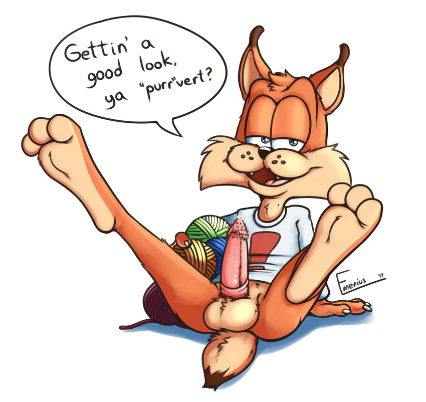 ! anthro balls barbed_penis blue_eyes bottomless bubsy bubsy_(series) claws clothed clothing dialogue emenius erection feet feline fur hair half-closed_eyes legs_raised looking_at_viewer lynx male mammal open_mouth penis presenting shirt signature simple_background solo spreading video_games yarn yarn_ball