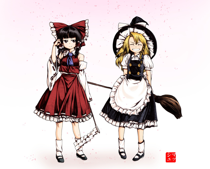 &gt;:) ^_^ absurdres apron ascot bangs black_hair blonde_hair blunt_bangs bow broom brown_eyes closed_eyes collared_shirt detached_sleeves forehead gohei grin hair_bow hair_tubes hakurei_reimu hat highres kirisame_marisa long_hair long_skirt mary_janes multiple_girls mushroom_(osh320) puffy_short_sleeves puffy_sleeves shirt shoes short_sleeves skirt smile socks swept_bangs teeth touhou v-shaped_eyebrows vest waist_apron witch_hat