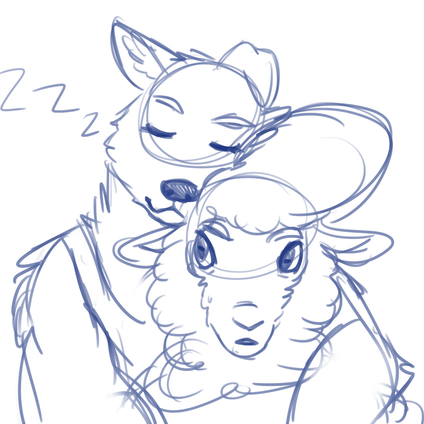 absurd_res anthro betty_(weaver) canine caprine clothing duo eyes_closed fan_character female fur hi_res hug line_art male mammal pack_street remmy_cormo sheep simple_background sleeping unknown_artist white_background wolf wool