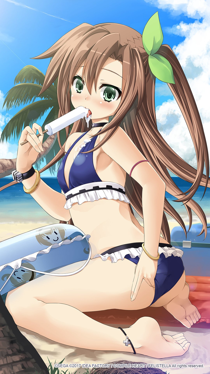 adjusting_clothes adjusting_swimsuit anklet arm_strap back bangs barefoot beach bikini blue_bikini blue_innertube blush bracelet breasts choujigen_taisen_neptune_vs_sega_hard_girls cloud compa company_name condensation_trail cooler d-pad dated day dripping eating eyebrows_visible_through_hair feet food food_on_body food_on_clothes food_on_face frilled_bikini frills from_side full_body game_cg green_eyes green_ribbon grey_hair hair_between_eyes hair_ribbon hand_up highres holding holding_food ice_cream if_(choujigen_game_neptune) inflatable_raft innertube jewelry leaning_forward legs lens_flare licking long_hair looking_at_viewer looking_back looking_to_the_side mikage_baku neptune_(series) ocean official_art on_ground one_side_up open_mouth outdoors palm_tree popsicle raised_eyebrows ribbon saliva sand sexually_suggestive sidelocks sitting sky small_breasts soles solo swimsuit toes tongue tongue_out tree wariza watermark