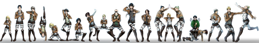 6+girls absurdres all_fours annie_leonhardt arm_behind_back arm_up armin_arlert auruo_bossard bertolt_hoover black_hair blonde_hair blue_eyes boots bow brown_eyes brown_footwear brown_hair brown_jacket cape christa_renz collarbone connie_springer crossed_arms dress_shirt emblem erd_gin eren_yeager erwin_smith full_body green_hair green_shirt grey_shirt gunter_shulz hair_bow hand_on_hip hand_on_own_knee hange_zoe heart heart_hands highres jacket jean_kirchstein knee_boots kneeling levi_(shingeki_no_kyojin) long_hair long_image looking_at_viewer looking_up marco_bodt marichi mikasa_ackerman mike_zakarius military military_uniform multiple_boys multiple_girls open_clothes open_jacket outstretched_arms pants paradis_military_uniform petra_ral red_eyes red_scarf reiner_braun sasha_braus scarf shingeki_no_kyojin shirt short_hair short_ponytail simple_background sitting sitting_on_person standing standing_on_one_leg survey_corps_(emblem) thigh_strap training_corps_(emblem) uniform v very_short_hair white_background white_pants white_shirt wide_image ymir_(shingeki_no_kyojin)