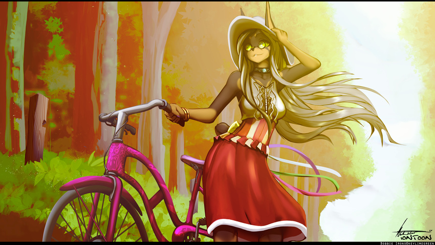 anthro bike_(disambiguation) black_bars breasts canine clothed clothing detailed_background doberman dog eyewear female forest glasses hair hat iontoon long_hair mammal smile solo standing tree