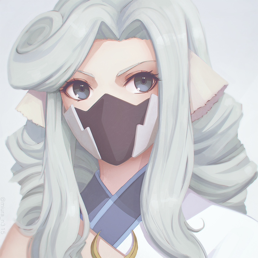 animal_ears commentary crescent drill_hair eyelashes grey_background grey_eyes long_hair looking_at_viewer mask miura-n315 munechika single_bare_shoulder solo twitter_username utawareru_mono utawareru_mono:_itsuwari_no_kamen white_hair