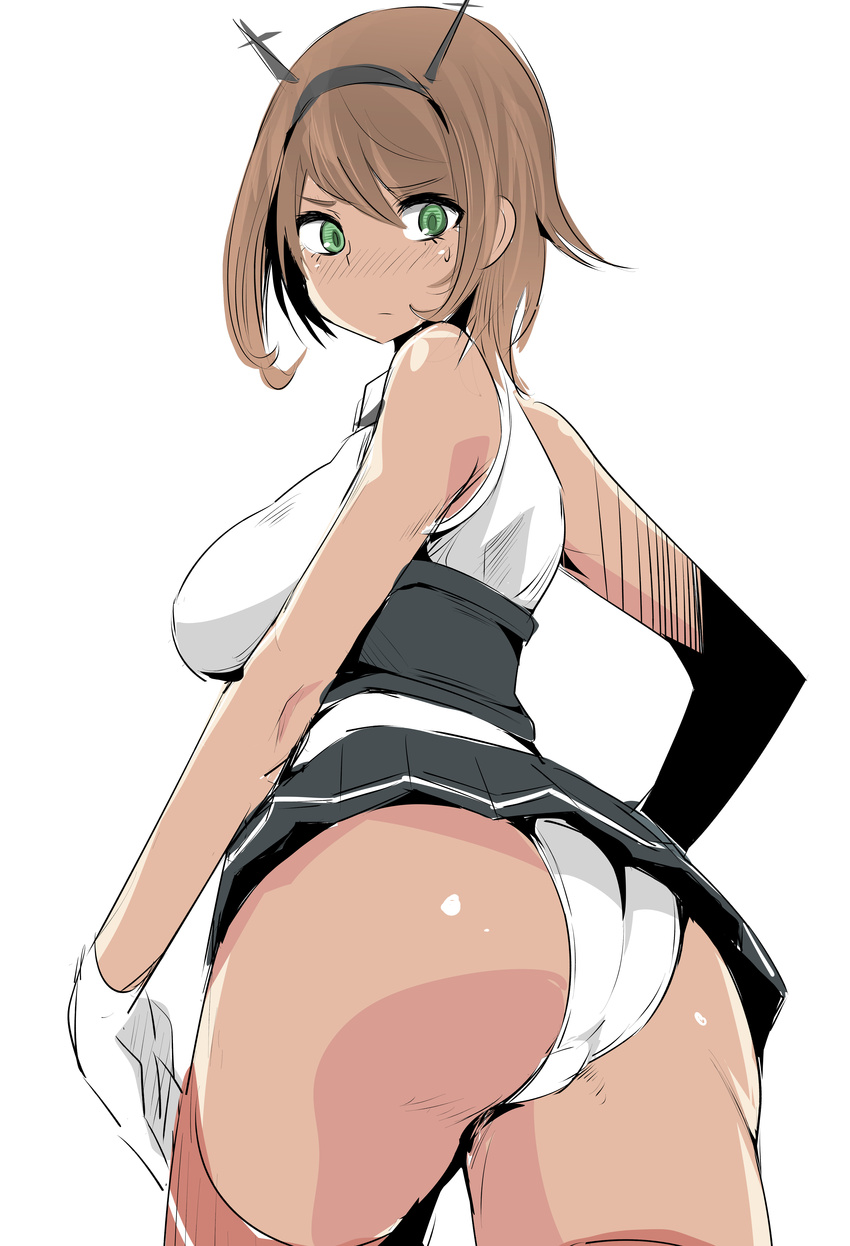 absurdres ass bangs bare_arms black_skirt blush breasts brown_hair closed_mouth commentary_request cowboy_shot dark_skin eyebrows_visible_through_hair freedom_nakai from_behind gloves green_eyes hair_between_eyes hairband highres kantai_collection large_breasts looking_at_viewer looking_back microskirt mutsu_(kantai_collection) nose_blush panties pleated_skirt red_legwear short_hair simple_background skirt sleeveless solo sweat thighhighs underwear white_background white_gloves white_panties