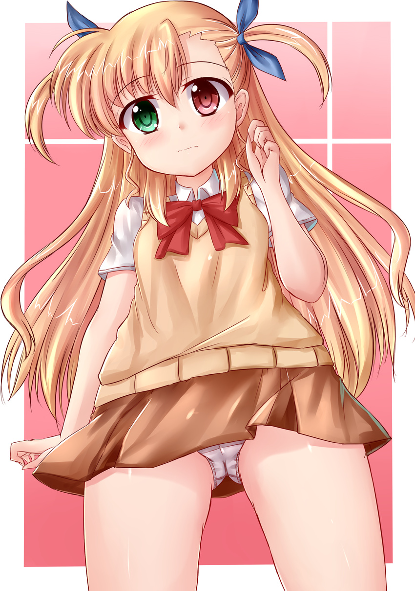 1girl blonde_hair closed_mouth eyebrows eyebrows_visible_through_hair female gluteal_fold hair_between_eyes hair_ribbon long_hair looking_at_viewer looking_down lyrical_nanoha mahou_shoujo_lyrical_nanoha_vivid outside_border panties pantyshot pantyshot_(standing) ribbon school_uniform shiny shiny_hair short_sleeves skywalker0610 solo standing underwear upskirt vivio