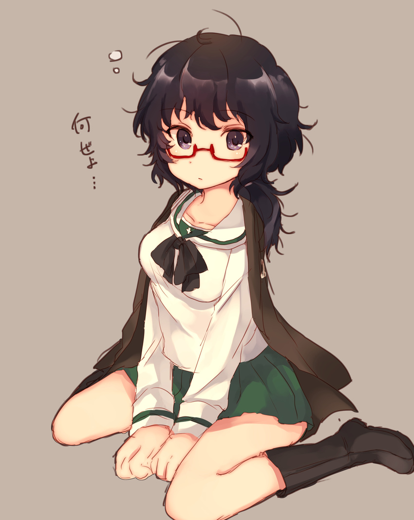 absurdres black_eyes black_footwear black_hair black_neckwear blouse boots closed_mouth full_body girls_und_panzer glasses green_skirt haori highres japanese_clothes long_sleeves looking_at_viewer messy_hair miniskirt neckerchief ooarai_school_uniform oryou_(girls_und_panzer) pleated_skirt red-framed_eyewear school_uniform semi-rimless_eyewear serafuku short_hair short_ponytail simple_background sitting sketch skirt solo toyosu_toyosu translated under-rim_eyewear wariza white_blouse