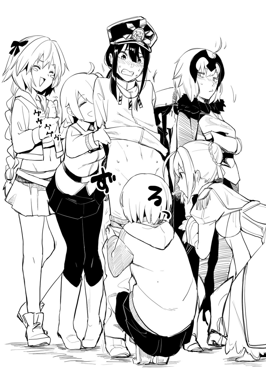 6+girls assisted_exposure astolfo_(fate) black_legwear blush blush_stickers boots convenient_censoring dildo embarrassed family_crest fate/apocrypha fate/grand_order fate_(series) fujimaru_ritsuka_(female) greyscale highres hood hoodie jeanne_d'arc_(alter)_(fate) jeanne_d'arc_(fate)_(all) long_hair looking_at_another mash_kyrielight monochrome muchi_maro multiple_boys multiple_girls nero_claudius_(fate) nero_claudius_(fate)_(all) oda_nobukatsu_(fate/grand_order) oda_nobunaga_(fate) oda_uri pants_pull pantsing pantyhose pout shirt_lift short_hair sidelocks skirt squatting