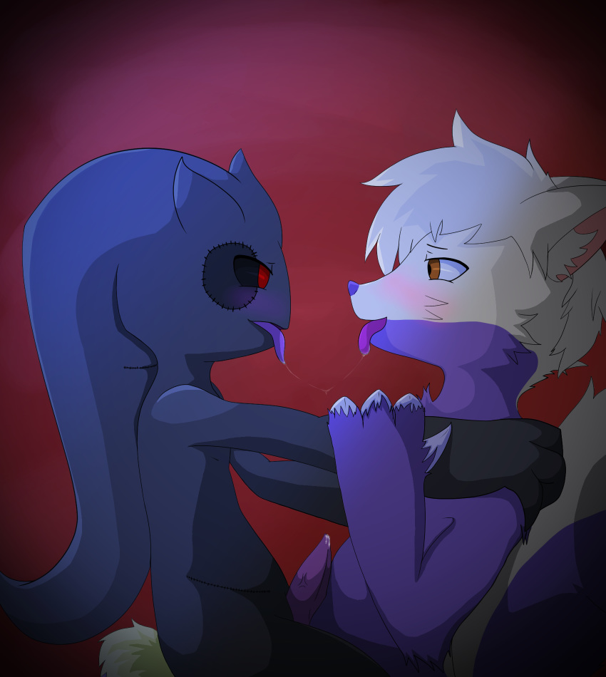 anthro banette blush brown_eyes cho0c0 digital_media_(artwork) duo erection fur ghost hi_res jester_the_banette kissing male mammal nintendo nude open_mouth penis pok&eacute;mon pok&eacute;mon_(species) red_eyes saliva sex simple_background smile spirit stunky thomas_whitaker video_games