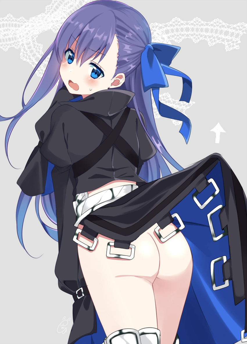ass belt blue_eyes blue_ribbon clothes_lift directional_arrow fate/extra fate/extra_ccc fate_(series) fujishiro_emyu grey_background hair_between_eyes hair_ribbon highres long_hair long_sleeves meltlilith no_panties open_mouth puffy_long_sleeves puffy_sleeves purple_hair ribbon simple_background sleeves_past_wrists solo sweatdrop very_long_hair