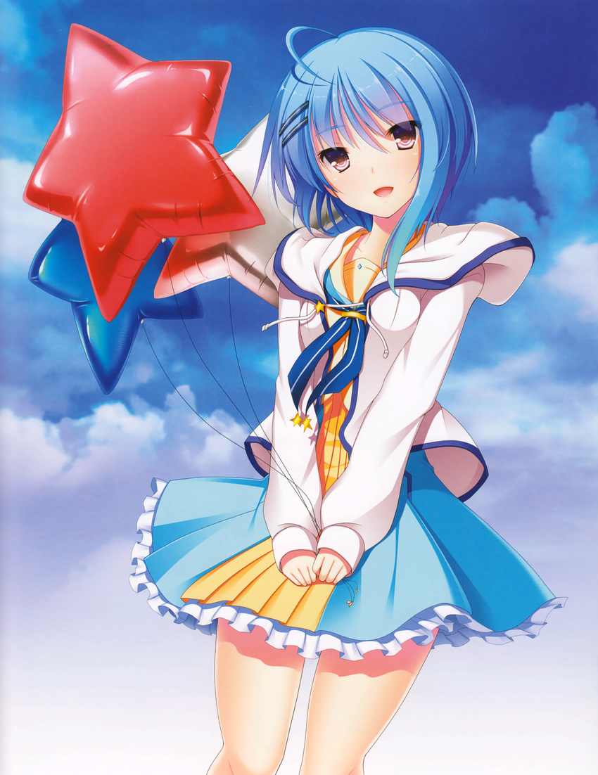 :d absurdres ahoge asymmetrical_hair balloon blue_dress blue_hair breasts brown_eyes cloud cloudy_sky collarbone cowboy_shot day dress eyebrows_visible_through_hair frilled_dress frills head_tilt highres hoshi_ori_yume_mirai huge_filesize incredibly_absurdres long_hair looking_at_viewer mutou_kurihito open_mouth ousaka_sora outdoors short_dress sky small_breasts smile solo standing
