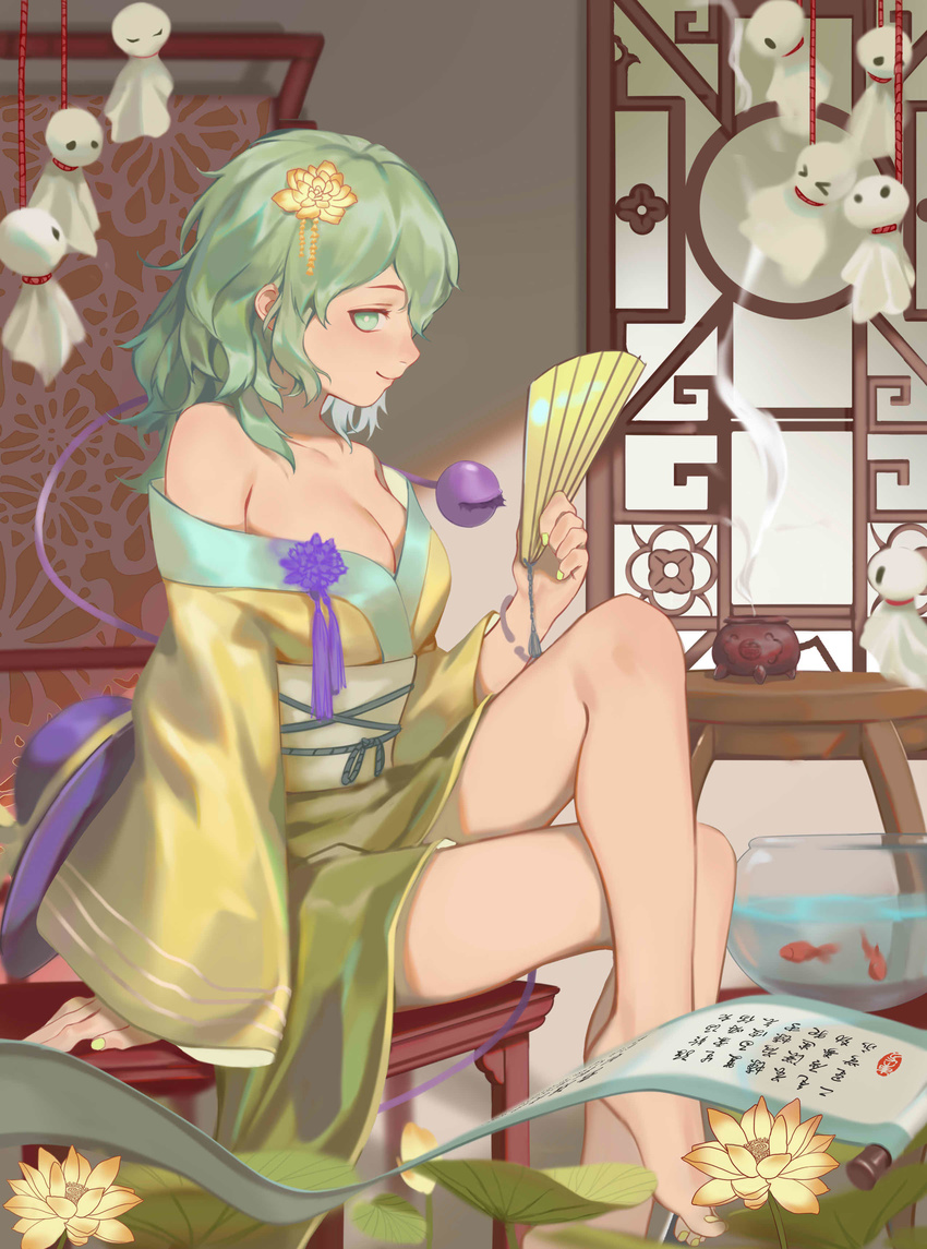 absurdres bare_shoulders barefoot breasts cleavage crossed_legs fan flower green_eyes green_hair hair_flower hair_ornament hat highres incense japanese_clothes kimono komeiji_koishi looking_at_viewer medium_breasts nail_polish obi sash scroll short_hair simple_background smile solo table teruterubouzu third_eye touhou wan'eno yellow_kimono yellow_nails