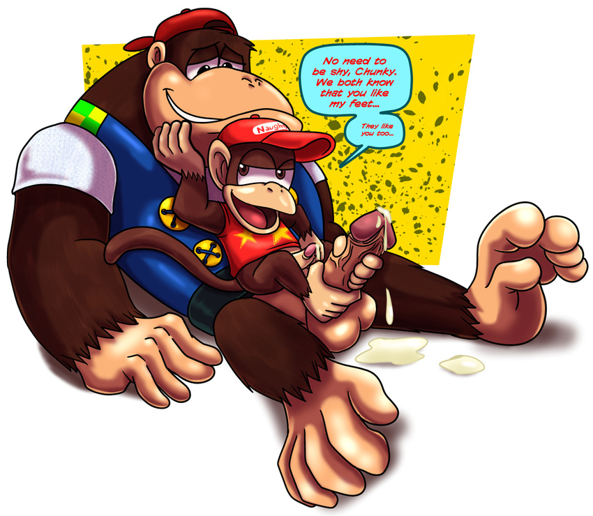 2017 5_toes anthro balls barefoot bottomless brown_eyes brown_fur chunky_kong clothed clothing cum diddy_kong donkey_kong_(series) duo english_text erection foot_fetish footjob fur half-closed_eyes hat hi_res male male/male mammal monkey naughty_face nintendo orgasm penis primate semi-anthro sex sitting smile teeth text thedirtyshark toes video_games