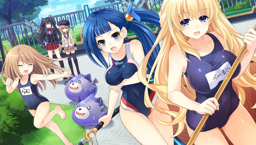 :d barefoot beret black_hair black_legwear blanc blazer blonde_hair blue_eyes blush bow bowtie breasts brown_hair bush clenched_hand closed_eyes collarbone competition_swimsuit covered_navel dogoo dutch_angle fence game_cg gekijigen_tag:_blanc_+_neptune_vs_zombie_gundan hands_on_hips hat heart highres holding jacket kneehighs large_breasts long_hair long_sleeves mole mole_under_eye multiple_girls neptune_(series) noire o_o official_art one-piece_swimsuit open_mouth outdoors outstretched_arm plaid plaid_skirt pleated_skirt ram_(choujigen_game_neptune) school_swimsuit school_uniform siblings side_ponytail sisters skirt smile standing standing_on_one_leg swimsuit tamsoft_(choujigen_game_neptune) thigh_gap thighhighs tree tsunako twintails vert very_long_hair zettai_ryouiki