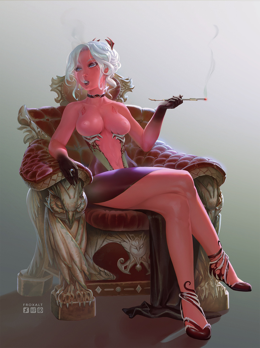 areolae armchair artist_name black_skin blue_eyes breast_tattoo breastless_clothes breasts center_opening chair choker cigarette cigarette_holder commentary crossed_legs demon_girl dress earrings eyeshadow foton-ike froxalt full_body grey_background hair_ornament high_heels highres jewelry lipstick makeup medium_breasts multicolored multicolored_skin navel nipples nose original parted_lips pink_skin purple_dress purple_lipstick ring sitting smoke smoking solo tattoo two-tone_skin white_hair