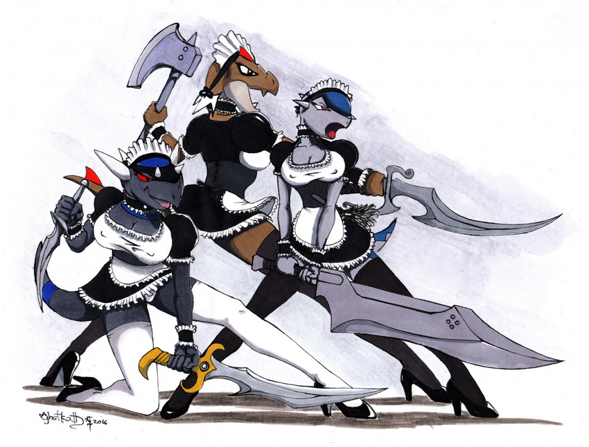 anthro anthrofied artist axe big_breasts breasts clothing cranidos crossover_fanart female fighting_stance ghstkatt invalid_tag legwear lusty_argonian_maids maid_uniform melee_weapon multiple_female nintendo pok&eacute;mon rampardos reptile scalie skyrim stockings sword the_elder_scrolls tyrantum uniform video_games weapon