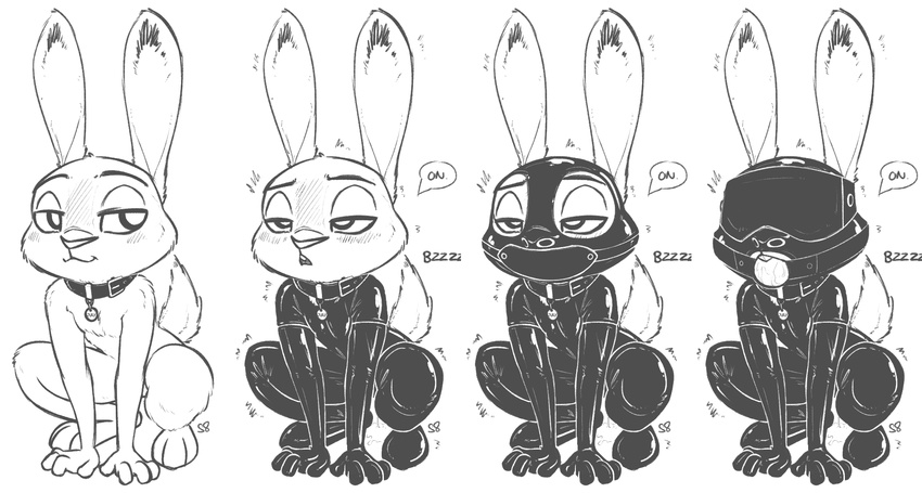 2017 alec8ter anthro armwear ball_gag bdsm black_and_white blindfold bodysuit buckteeth clothed clothing collar crouching dialogue disney drooling elbow_gloves english_text female gag gagged gimp_suit gloves half-closed_eyes judy_hopps lagomorph looking_pleasured mammal monochrome name_tag nude petplay progression rabbit restricted_palette roleplay rubber rubber_suit saliva sex_toy shaking signature simple_background skinsuit solo teeth text tight_clothing vibrator white_background zootopia