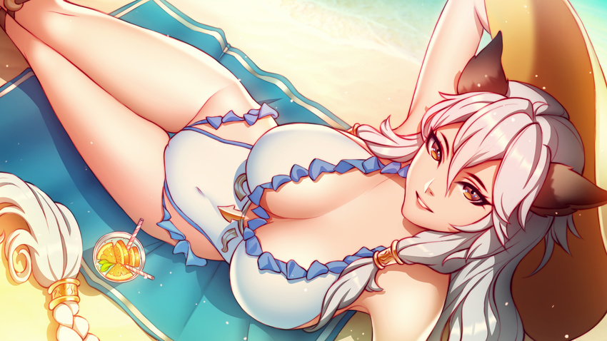 :d absurdres arm_support arm_up bare_legs bare_shoulders beach_towel braid breasts casual_one-piece_swimsuit cleavage covered_navel cup day drinking_glass drinking_straw eyelashes food from_above fruit gradient_hair granblue_fantasy grin groin hair_between_eyes hand_on_headwear hat heles highres large_breasts legs_together light_particles long_hair looking_at_viewer looking_up lying multicolored_hair on_back one-piece_swimsuit open_mouth orange orange_slice outdoors paid_reward parted_lips patreon_reward pink_hair pink_lady_mage silver_hair single_braid skin_tight smile solo straw_hat swimsuit thigh_gap thighs towel tsurime very_long_hair white_swimsuit