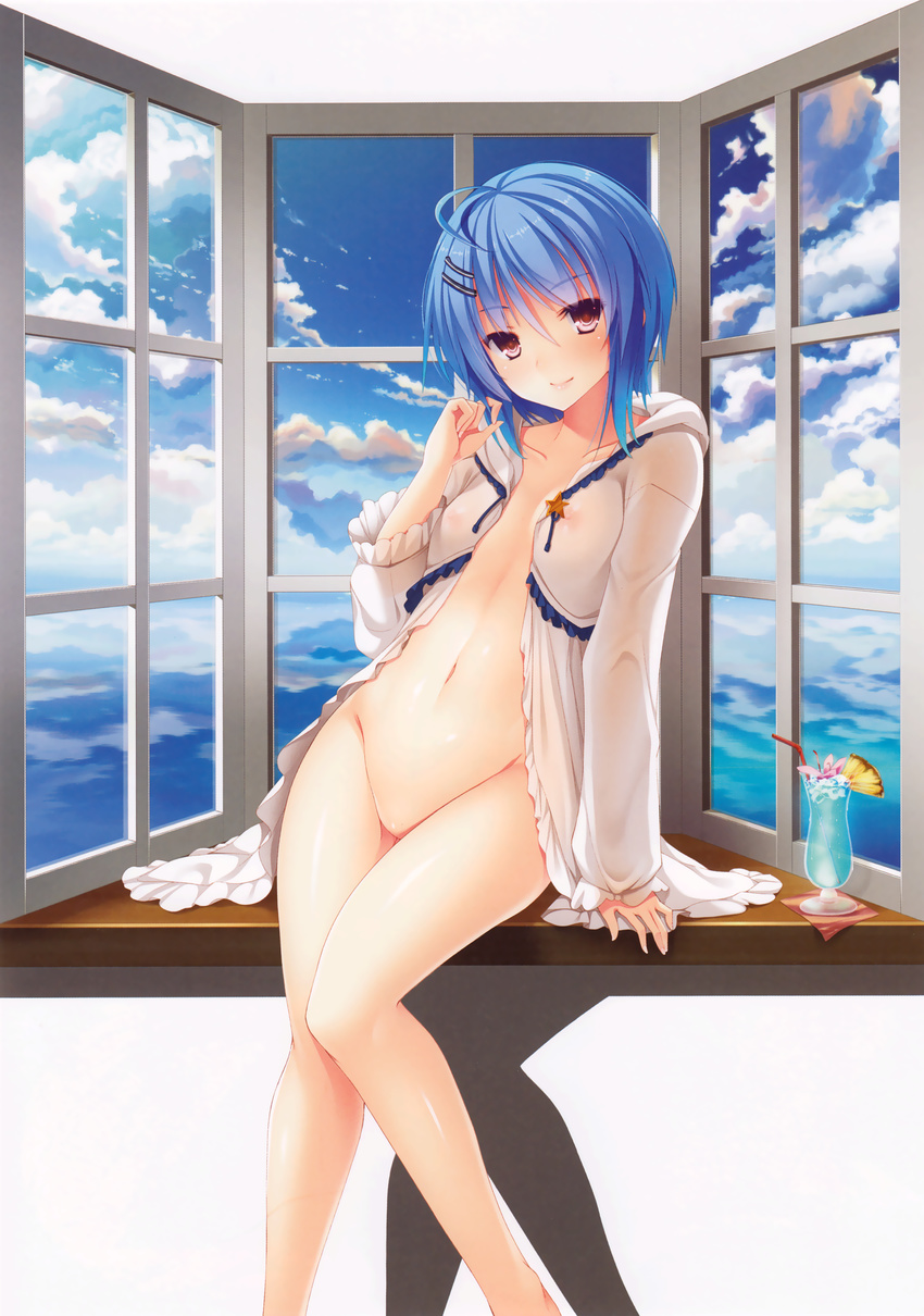 absurdres ahoge barefoot blue_hair blue_sky bottomless breasts cloud cloudy_sky cup day drink drinking_glass drinking_straw eyebrows_visible_through_hair hair_ornament hair_twirling hairclip highres hood hoodie horizon hoshi_ori_yume_mirai huge_filesize incredibly_absurdres indoors looking_at_viewer mutou_kurihito naked_hoodie navel nipples no_pussy open_clothes ousaka_sora pink_eyes scan see-through short_hair sitting sky small_breasts smile solo window