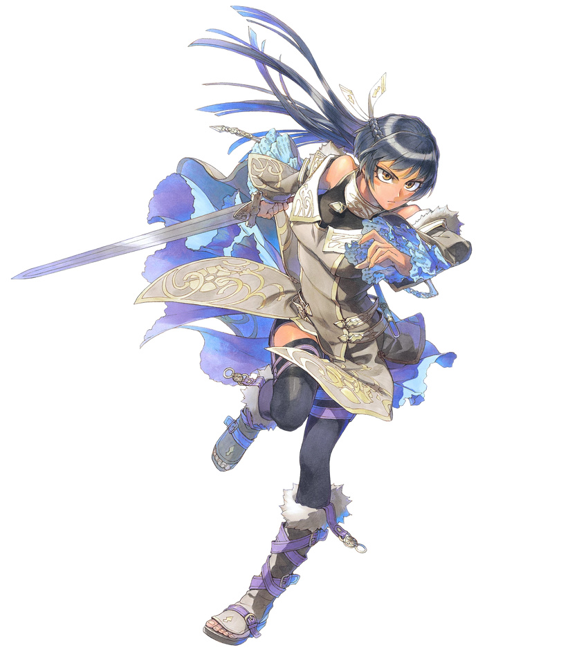 athena_(fire_emblem) bangs bare_shoulders black_legwear blue_hair braid breasts brown_eyes crown_braid detached_sleeves fire_emblem fire_emblem:_monshou_no_nazo fire_emblem_heroes full_body fur_trim highres holding holding_sword holding_weapon leg_up long_hair medium_breasts miyuu official_art open_toe_shoes shoes solo sword transparent_background weapon