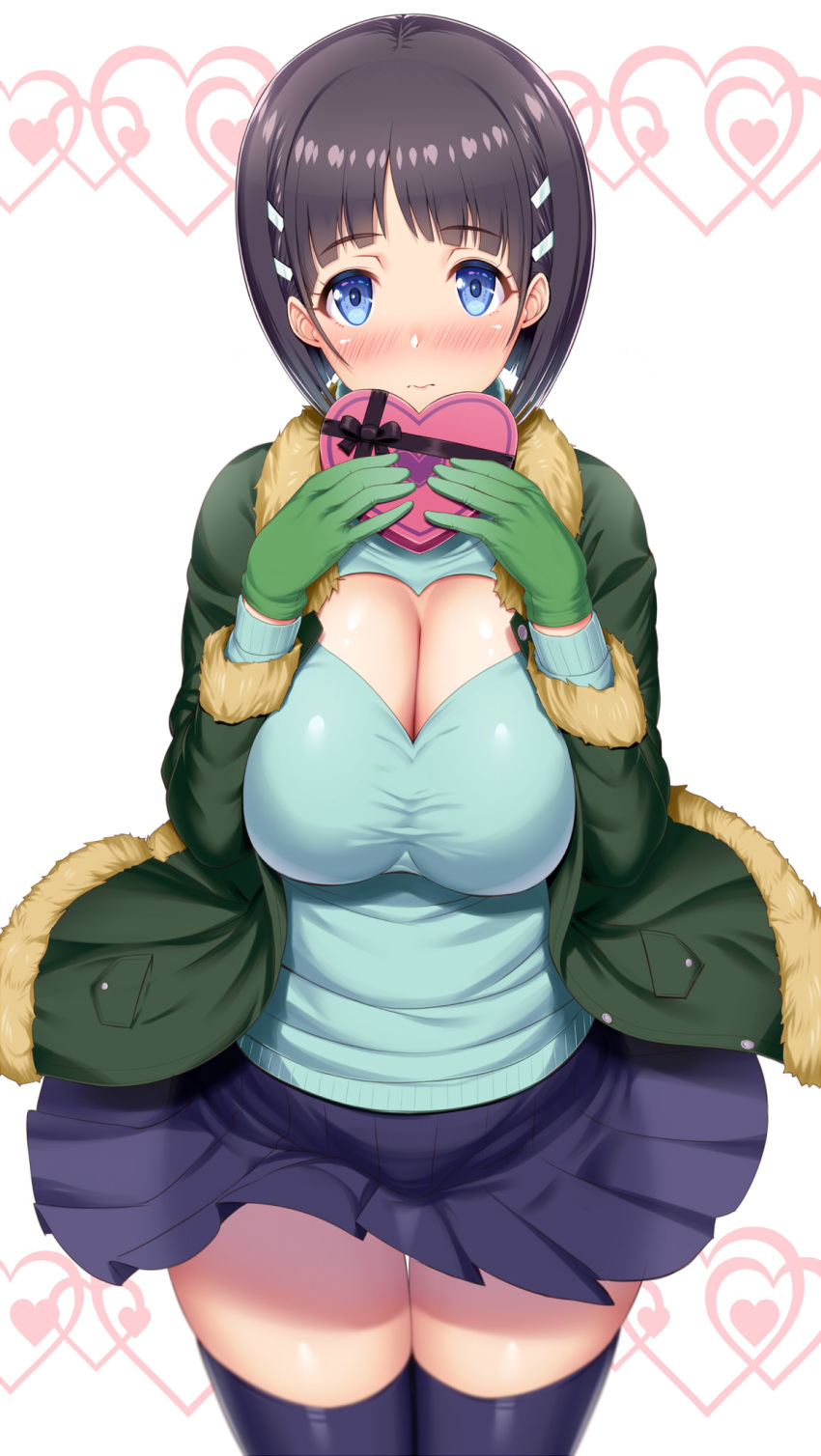 1girl black_hair blue_eyes blue_shirt blush box breasts cleavage_cutout commentary_request eyebrows_visible_through_hair fur_trim gift gift_box green_jacket hair_ornament heart-shaped_box heart_cutout highres holding holding_gift jacket kawase_seiki kirigaya_suguha large_breasts long_sleeves pleated_skirt revision see-through_silhouette shirt short_hair simple_background skirt solo sword_art_online thighhighs valentine white_background