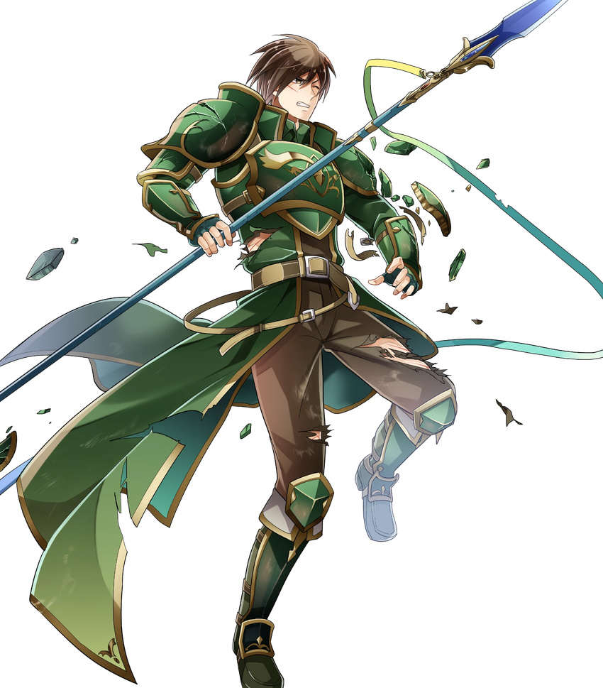 arm_guards armor armored_boots boots broken_armor brown_eyes brown_hair fingerless_gloves fire_emblem fire_emblem:_monshou_no_nazo fire_emblem_heroes full_body gloves highres holding itagaki_hako male_focus official_art pauldrons polearm rody_(fire_emblem) scar solo spear torn_clothes transparent_background weapon