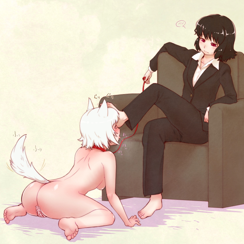 2girls animal_ears ass barefoot black_hair blush breasts cameltoe closed_mouth collar dog_ears dog_tail feet femdom foot_on_head formal highres inubashiri_momiji kuro_ari_(pixiv) leash looking_at_another medium_breasts multiple_girls nude pants red_eyes shameimaru_aya shiny shiny_hair short_hair small_breasts suit tail tail_wagging tongue tongue_out touhou white_hair yuri