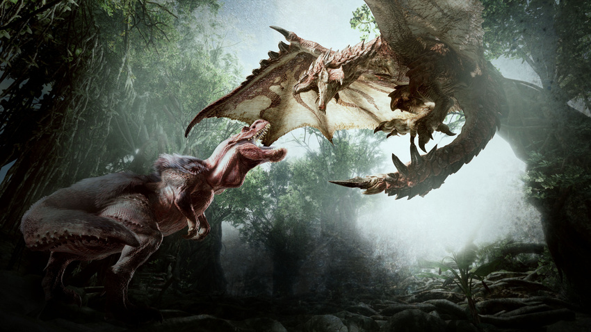 absurdres anjanath dinosaur_tail dragon flying forest full_body highres looking_at_another monster monster_hunter monster_hunter:_world nature no_humans open_mouth outdoors rathalos sharp_teeth spikes tail teeth wings wyvern