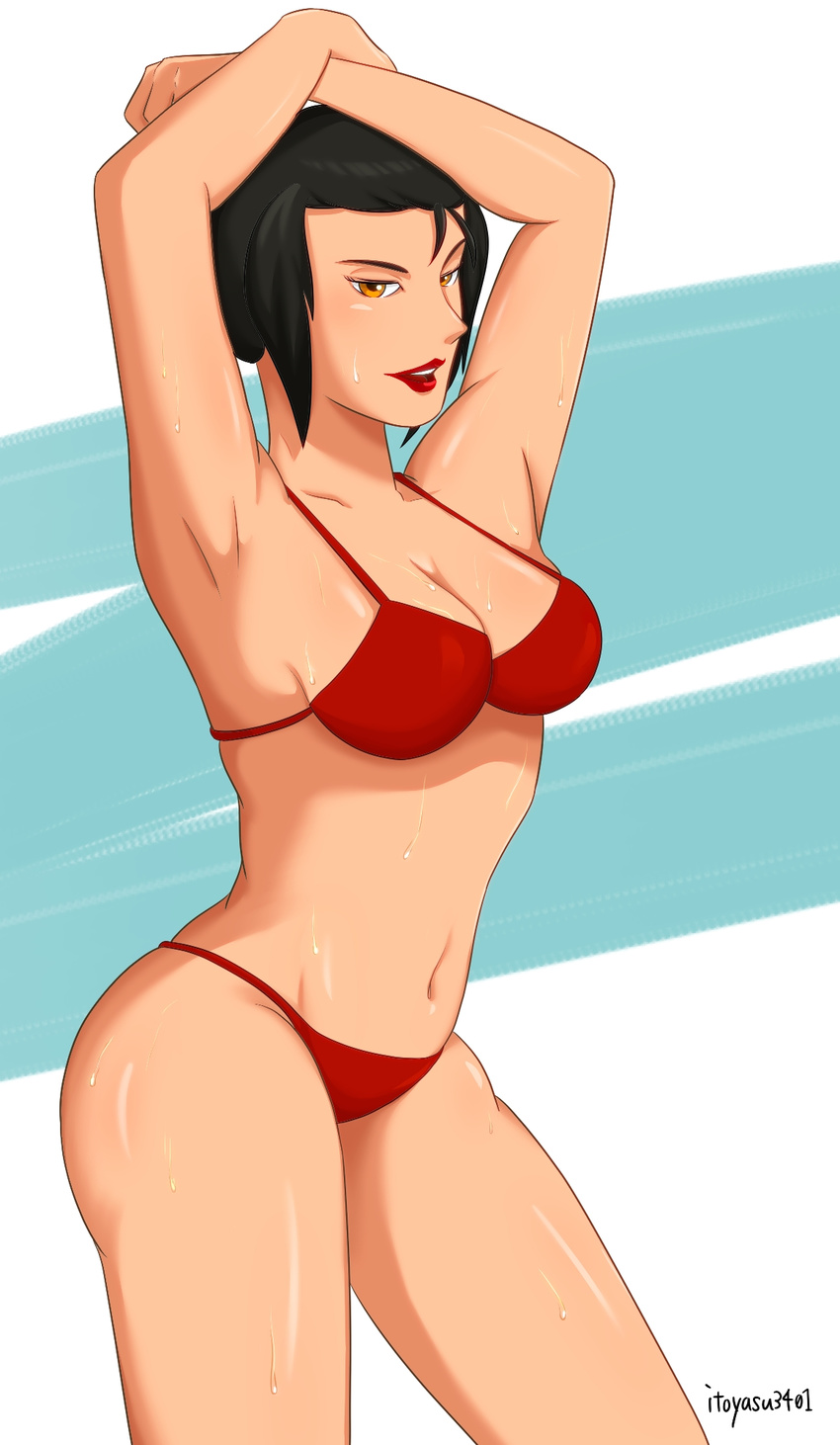 armpits arms_up artist_name avatar:_the_last_airbender avatar_(series) azula bare_arms bikini black_hair breasts cleavage collarbone highres itoyasu3401 lipstick looking_at_viewer makeup medium_breasts navel open_mouth orange_eyes red_bikini red_lipstick shiny shiny_skin short_hair signature simple_background smile solo standing stomach sweat swimsuit thick_thighs thighs two-tone_background white_background