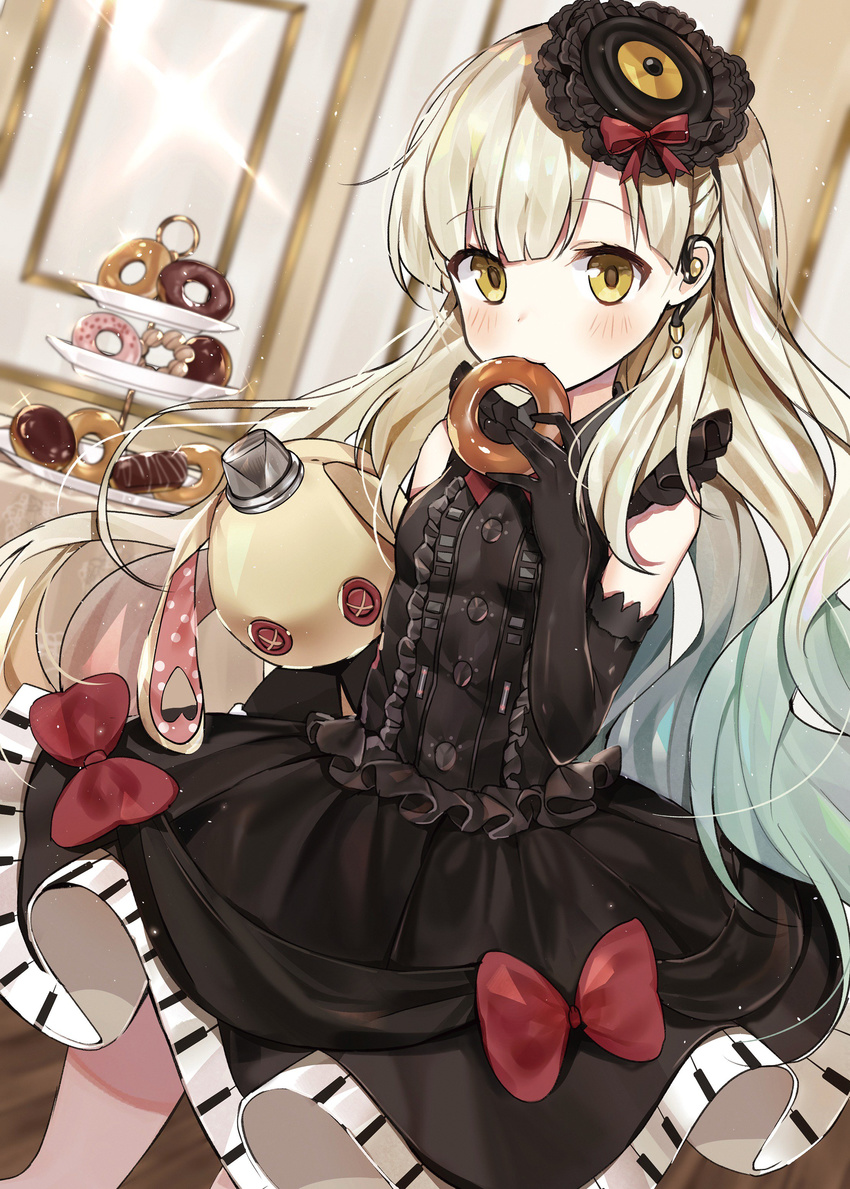 absurdres black_dress black_gloves blonde_hair bow dress earrings elbow_gloves eyebrows_visible_through_hair floating_hair gloves gothic_lolita gradient_hair highres indoors jewelry lolita_fashion long_hair looking_at_viewer mayu_(vocaloid) multicolored_hair red_bow sabet_(young_ouo) sleeveless sleeveless_dress solo sparkle usano_mimi very_long_hair vocaloid yellow_eyes