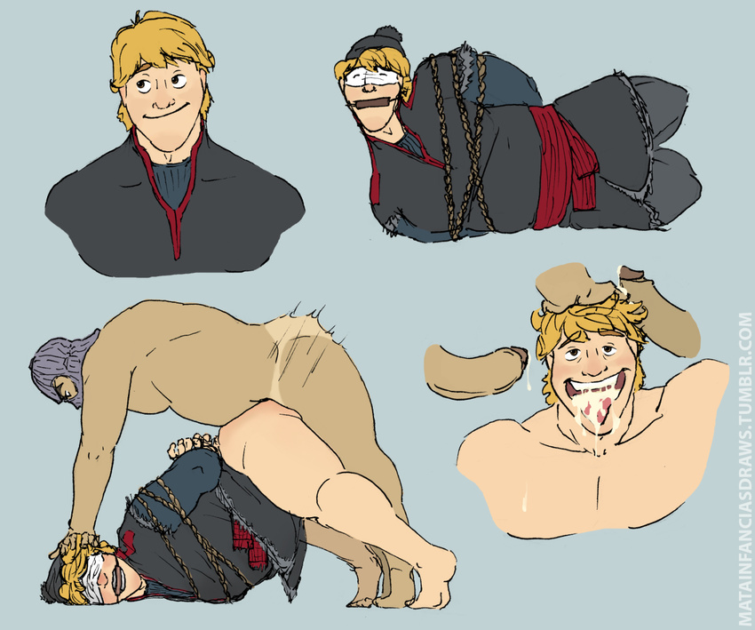 3boys ahegao anal bara blindfolded blonde_hair cum cum_in_mouth disney frozen_(disney) full_body gag hand_on_head kristoff_(frozen) male_focus mask multiple_boys muscle penetration penis restrained sex tan tanline thrusting tongue tongue_out yaoi