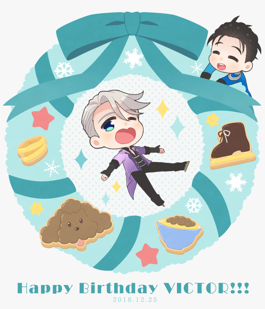 2018 2boys ;d ^_^ black_hair blue_eyes bow chibi christmas_wreath closed_eyes dated eyes_closed happy_birthday heart-shaped_mouth highres ice_skates jewelry katsudon_(food) katsuki_yuuri makkachin male_focus multiple_boys one_eye_closed open_mouth outstretched_arms ring ruei_(chicking) silver_hair skates smile snowflakes spread_arms star viktor_nikiforov yuri!!!_on_ice