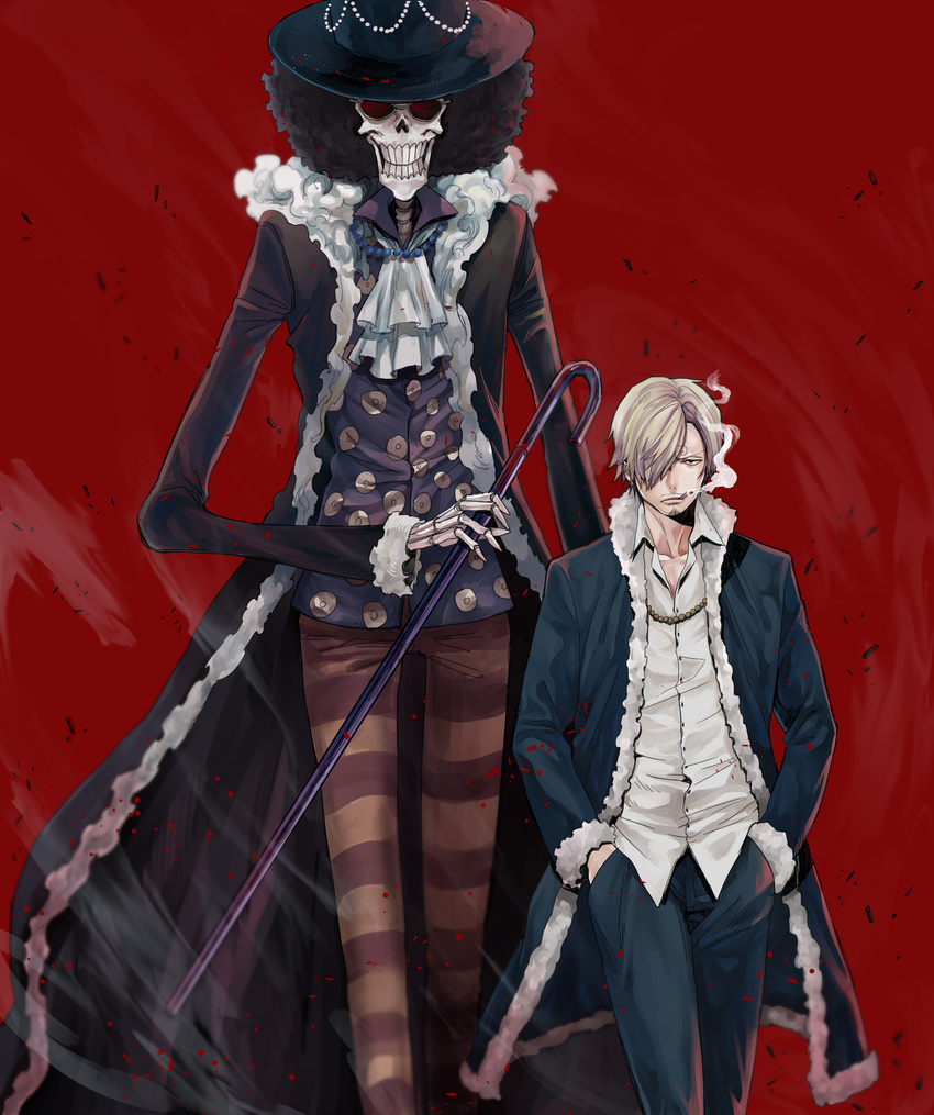 &gt;:( afro black_hair blonde_hair brook cane cigarette coat collarbone collared_shirt cowboy_shot facial_hair formal frown fur_trim hair_over_one_eye hands_in_pockets hat height_difference highres holding long_sleeves looking_at_viewer male_focus multiple_boys one_piece open_clothes open_coat pants red_background sanji shirt short_hair simple_background skeleton skull smoke smoking striped striped_pants sunglasses v-shaped_eyebrows walking wind wing_collar yuu_(1969loy)