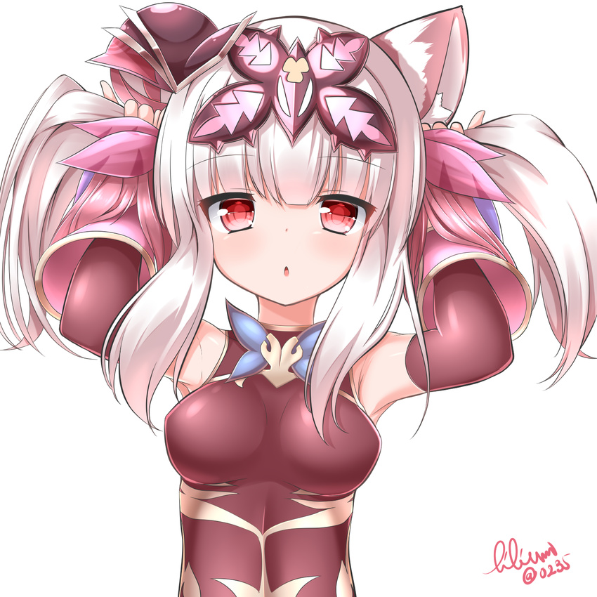 alternate_hairstyle animal_ears armpits arms_up bunching_hair chestnut_mouth chinese_clothes elbow_gloves gloves hair_ornament haku_(p&amp;d) highres leotard lilium0235 looking_at_viewer multicolored_hair open_mouth purple_hair puzzle_&amp;_dragons red_eyes signature solo tiger_ears twintails two-tone_hair white_hair