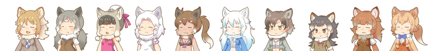 &gt;:( :t absurdres animal_ears annotated arctic_wolf_(kemono_friends) bangs bikini_top black_hair breasts brown_eyes brown_hair cleavage closed_eyes closed_mouth commentary_request dark_skin dhole_(kemono_friends) dingo_(kemono_friends) dog_ears eastern_wolf_(kemono_friends) facing_viewer fang fang_out frown fur_collar highres hokkaido_wolf_(kemono_friends) indian_wolf_(kemono_friends) italian_wolf_(kemono_friends) kemono_friends long_image looking_at_viewer mexican_wolf_(kemono_friends) mongolian_wolf_(kemono_friends) multiple_girls necktie open_mouth ponytail pout pozesuke short_hair simple_background trait_connection tsurime tundra_wolf_(kemono_friends) twintails v-shaped_eyebrows white_background white_hair wide_image wolf_ears wolf_girl |3