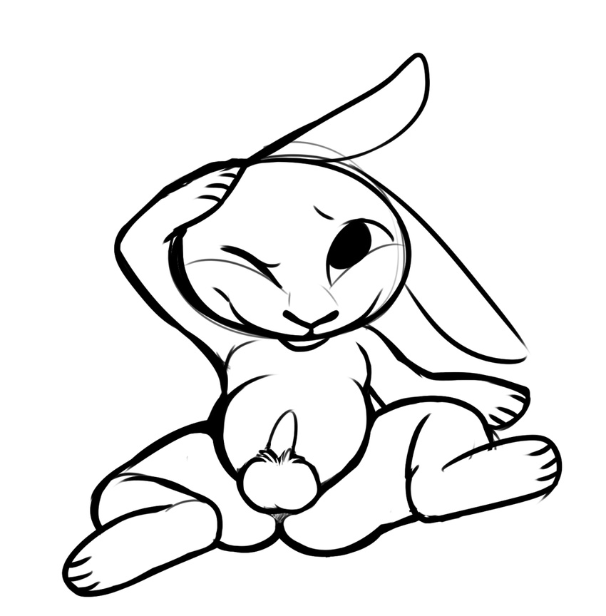 anthro armello balls barnaby_(armello) cub digital_media_(artwork) fur holding_head lagomorph lagopmorph looking_at_viewer lying male mammal nude on_back one_eye_closed penis rabbit samurilou_(artist) simple_background solo spread_legs spreading video_games young